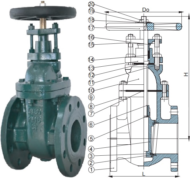 BS 5150 nrs metal seated gate valve, drawing & photo.