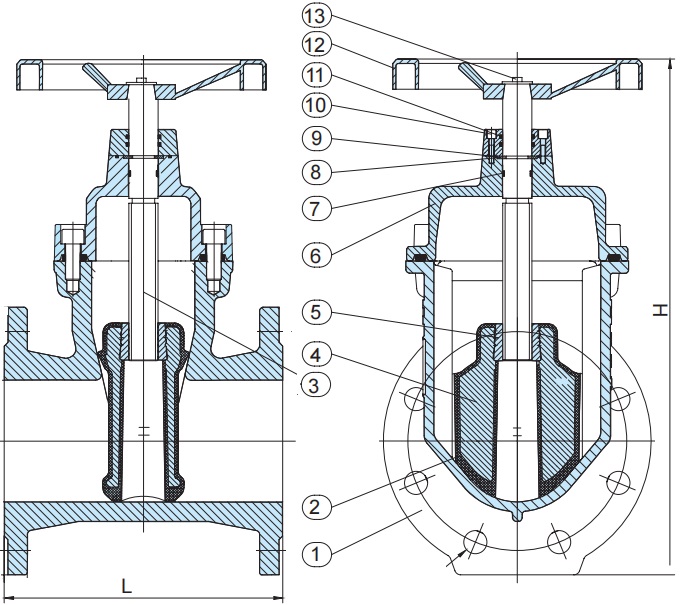 BS 5150 NRS resilient seat gate valve drawing.