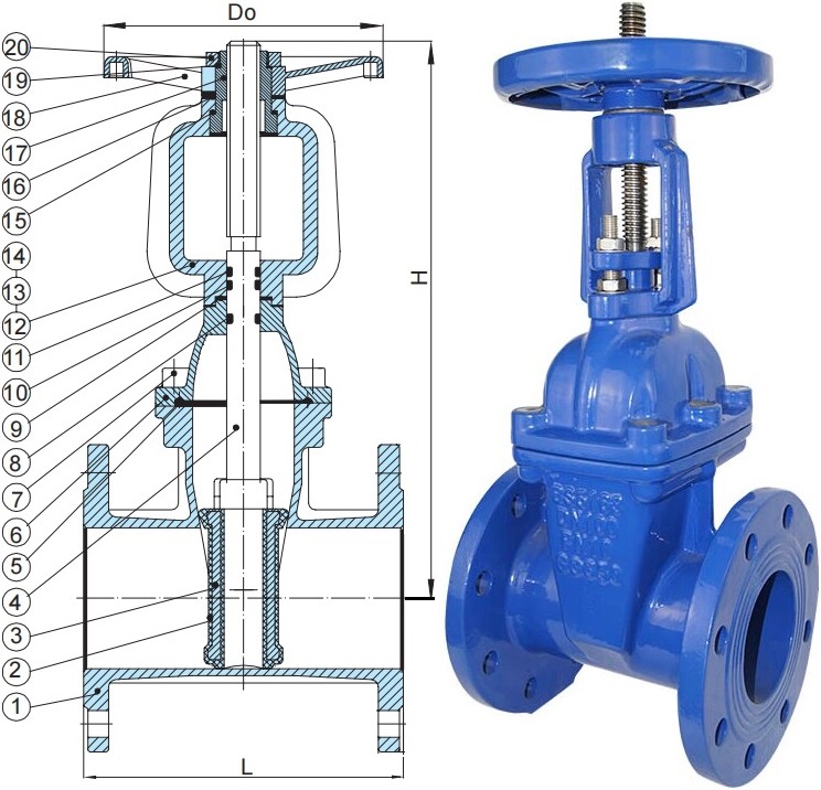 Drawing & photo of a BS 5150 WRAS approved gate valve.