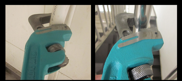 The use of end (angled) pipe wrenches in plumbing.