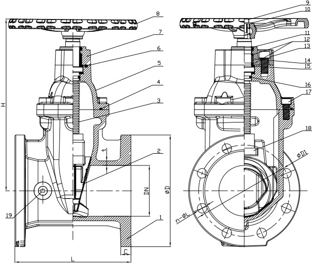 Drawing of AWWA C515 gate valve with drain & vent design.