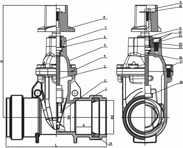 Drawing of AWWA C515 socket end gate valve.