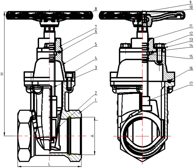 Drawing of BS 5150 NRS resilient-seat threaded gate valve.