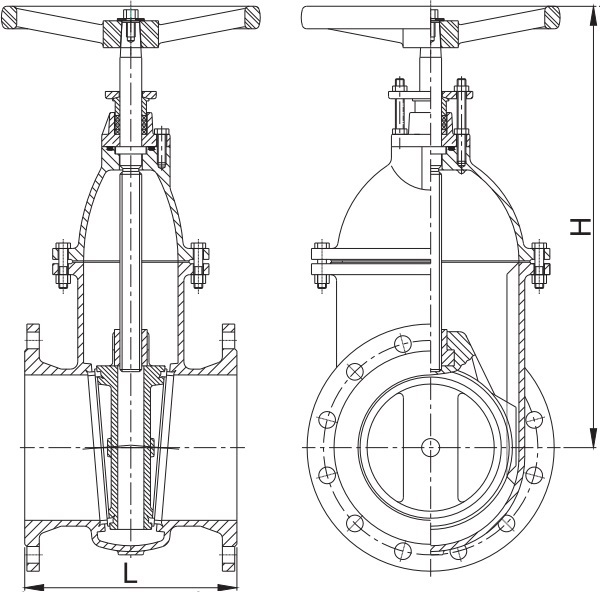 G.A. drawing of AWWA C500 NRS metal seated gate valves, 14"-24“.