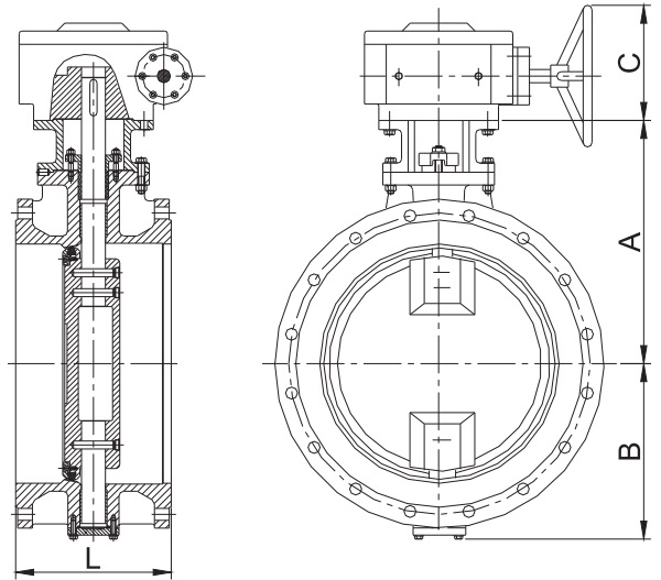 Drawing of EN 593 double ecc BFV, flanged.