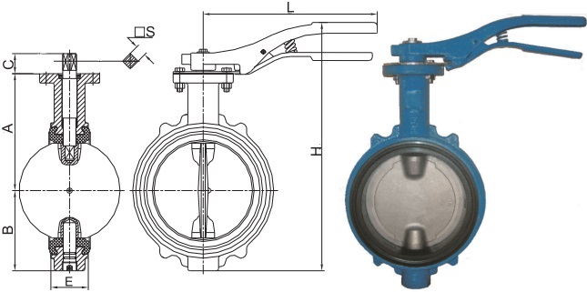 Picture & Drawing of EN 593 double shaft wafer BFV.