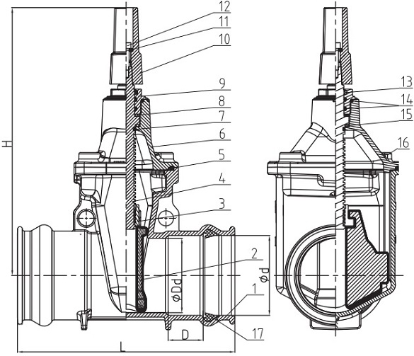 Drawing of socket end gate valve.