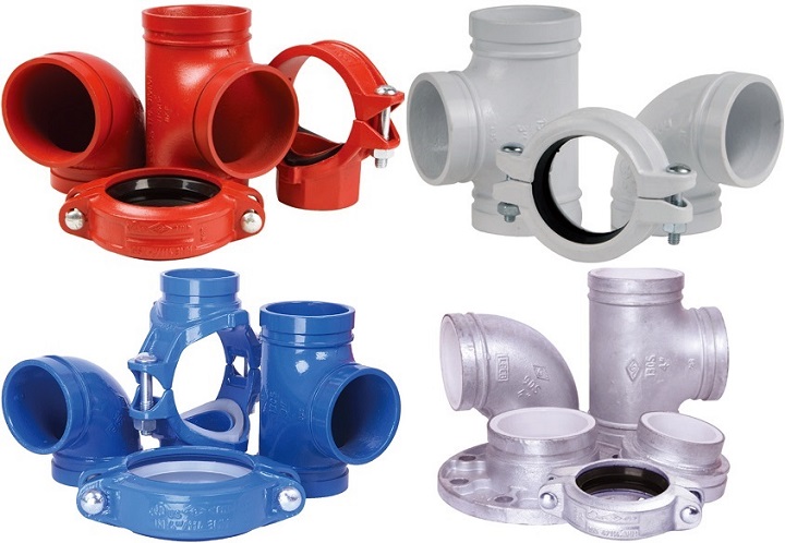 Ductile iron grooved fittings with various coatings.